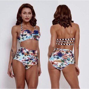 Aonihua Bikini Set Womens 2XL Tropical Flamingo High Waisted Checkered Swimsuit